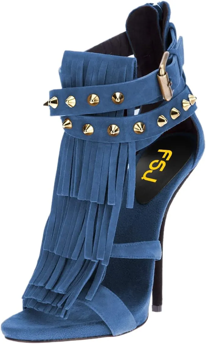FSJ Women Tassels Gladiator Heeled Sandals Open Toe Stiletto High Heel Fringed Rivets Ankle Strap Back Zipper Shoes Size 4-15 US
