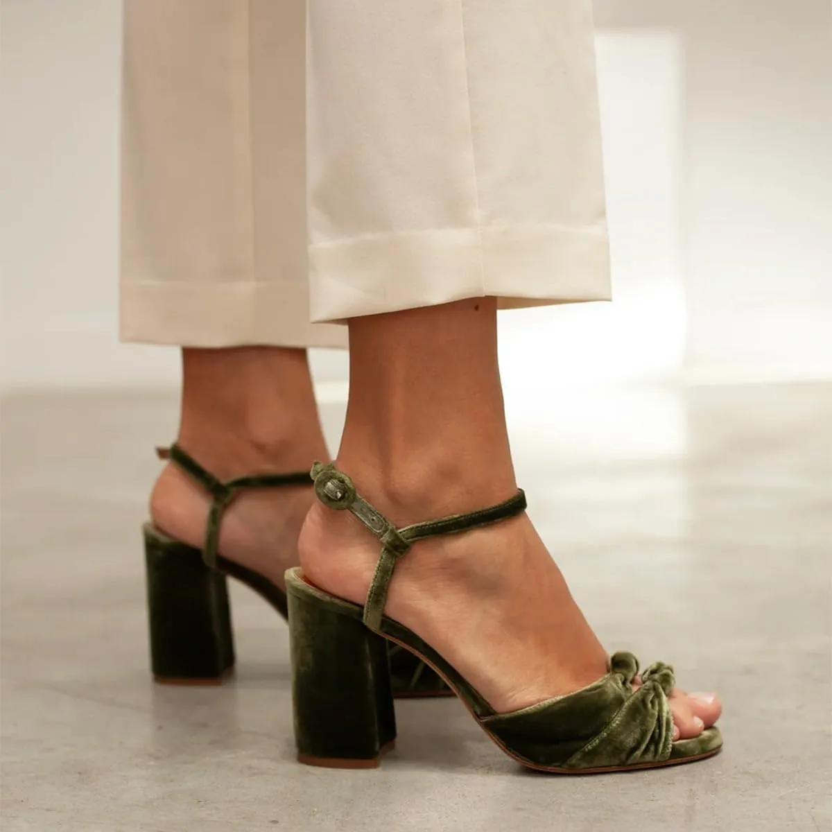 FSJ Women Velvet Heeled Sandals Ankle Strap High Block Open Toe Dress Pumps Chunky Heel Double Knot Bridal Wedding Dress Shoes Size 4-16 US