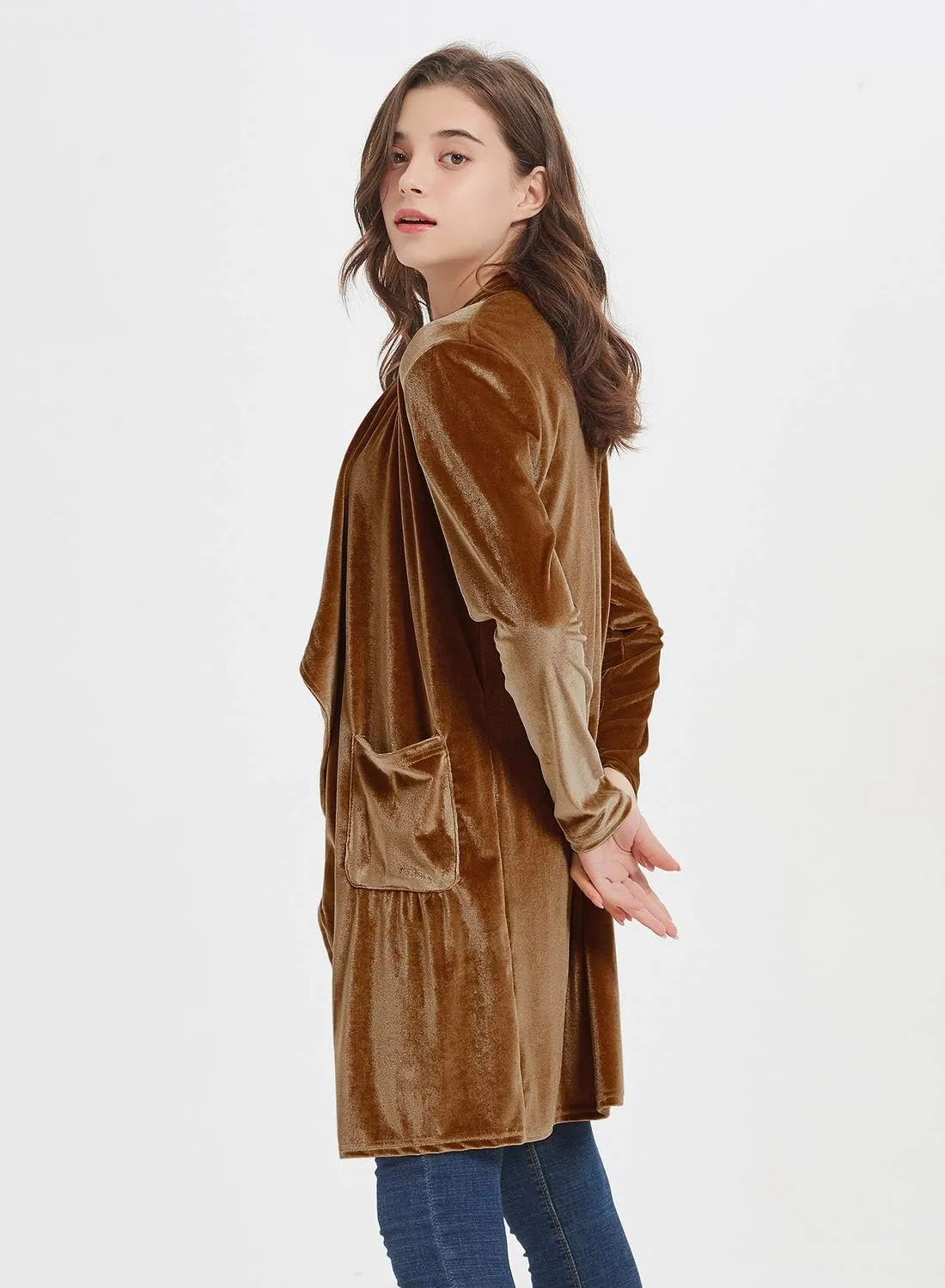 futurino Women's Solid Long Sleeve Velvet Jacket Open Front Cardigan Coat with Pockets Outerwear
