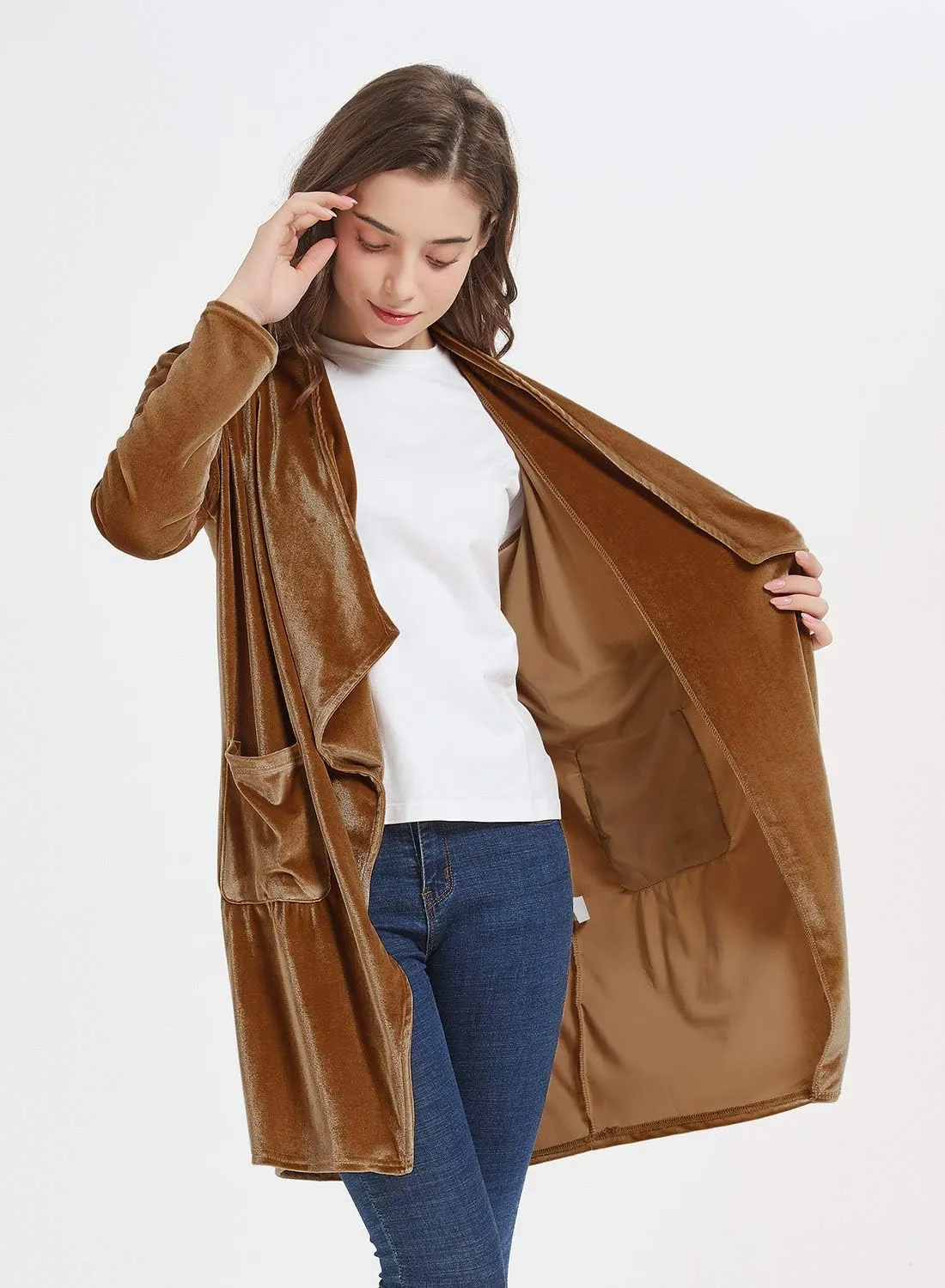 futurino Women's Solid Long Sleeve Velvet Jacket Open Front Cardigan Coat with Pockets Outerwear