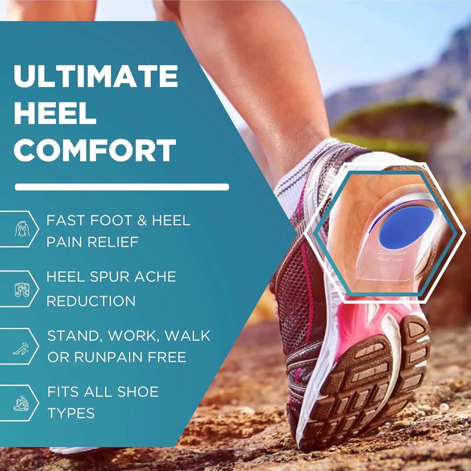 Gel Silicone Heel Cups/Pads, 2 Pack, FSA HSA Eligible, for Achilles Tendonitis, Shoe Wedge Inserts for Plantar Fasciitis, Bone Spur, Foot Pain Relief Support, Comfort Cushion Insoles for Women/Men