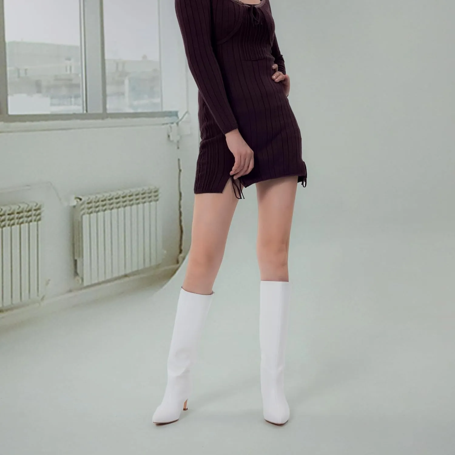 GENSHUO Knee High Boots Women Low Kitten Heel Long Tall Boots with Pointed Toe Winter Fall Sexy Fashion Comfortable Dress Shoes
