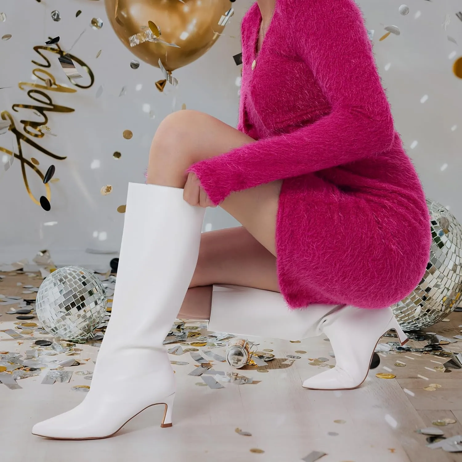 GENSHUO Knee High Boots Women Low Kitten Heel Long Tall Boots with Pointed Toe Winter Fall Sexy Fashion Comfortable Dress Shoes