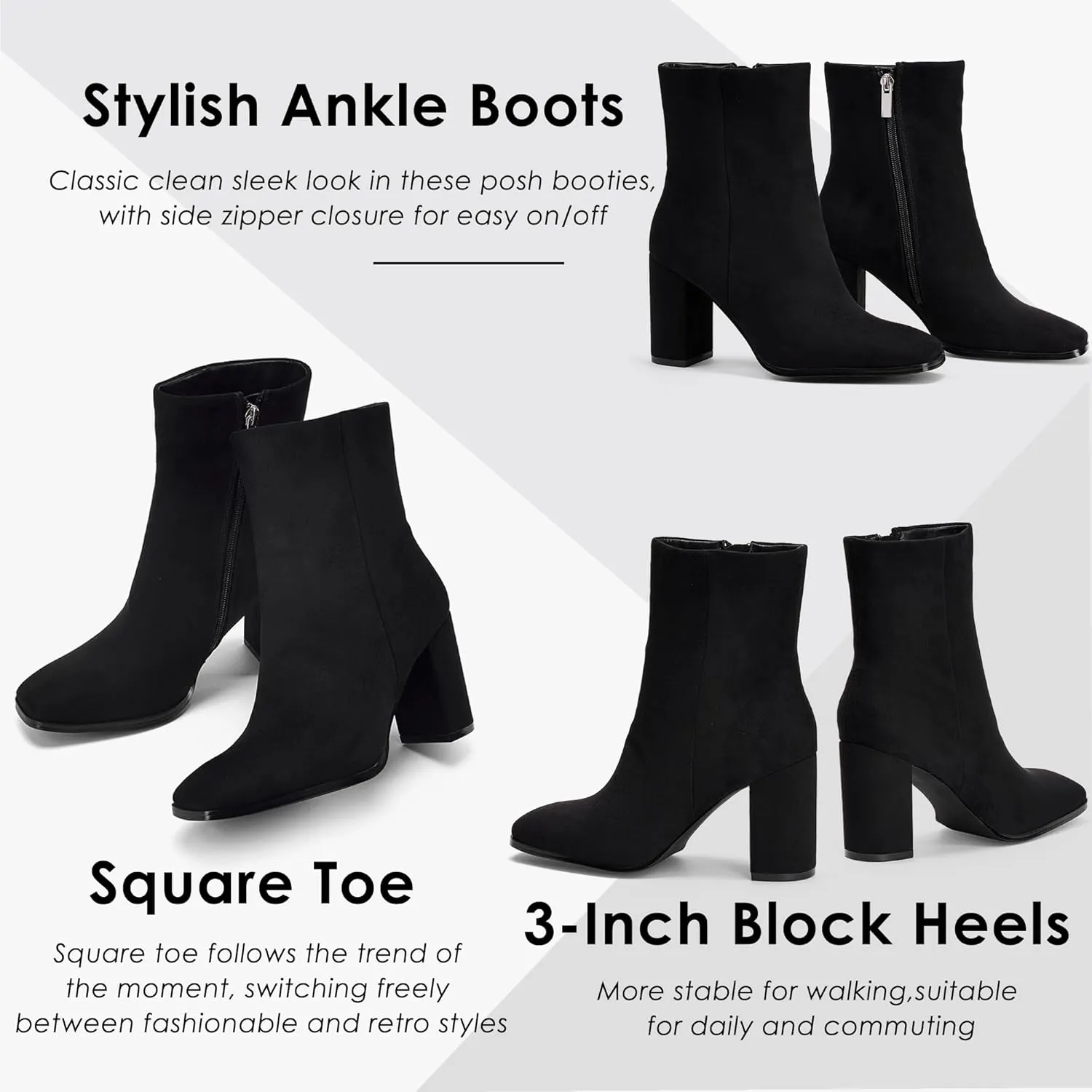 GENSHUO Square Toe Ankle Boots for Women 3.15 Inch High Block Heel Short Boots Fashion Side Zipper Booties Shoes