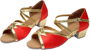 Girls Latin Dance Shoes Kids Low Heel Open Toe Glittering Tango Professional Performance Practice Dancing Shoes