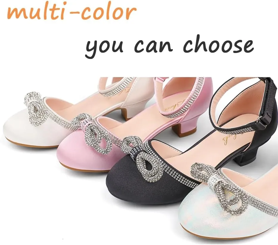 Girl's Rhinestone Bow Heels Princess Shoes Wedding Party Sandals Pumps for Kids