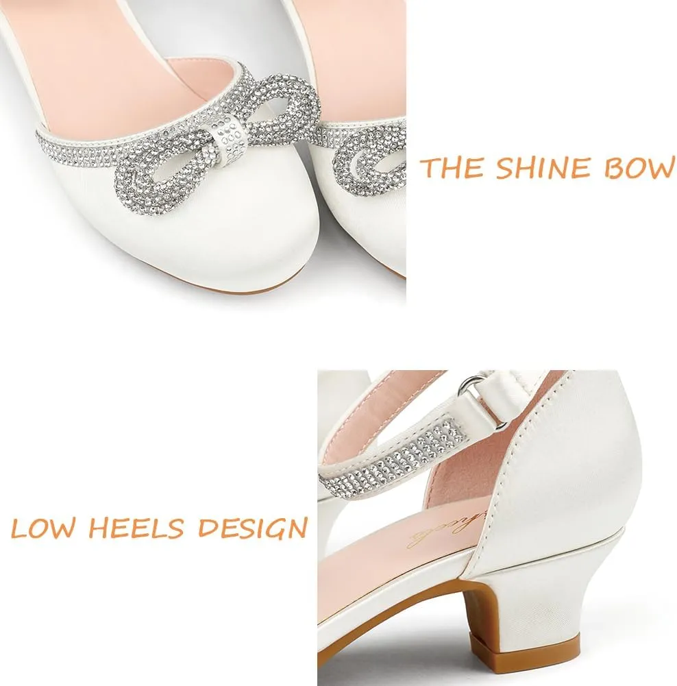 Girl's Rhinestone Bow Heels Princess Shoes Wedding Party Sandals Pumps for Kids
