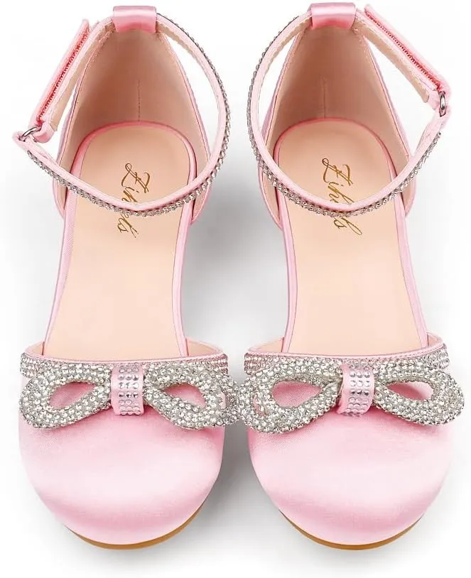 Girl's Rhinestone Bow Heels Princess Shoes Wedding Party Sandals Pumps for Kids