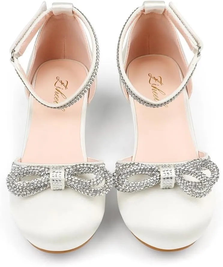 Girl's Rhinestone Bow Heels Princess Shoes Wedding Party Sandals Pumps for Kids