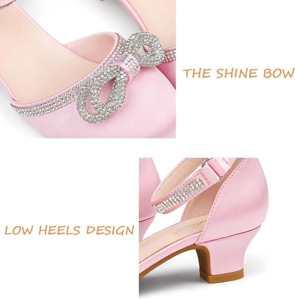 Girl's Rhinestone Bow Heels Princess Shoes Wedding Party Sandals Pumps for Kids