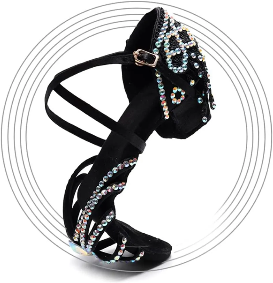 Girls Rhinestone Latin Dance Shoes Low Heel Ballroom Tango Party Performance Tassel Sandals