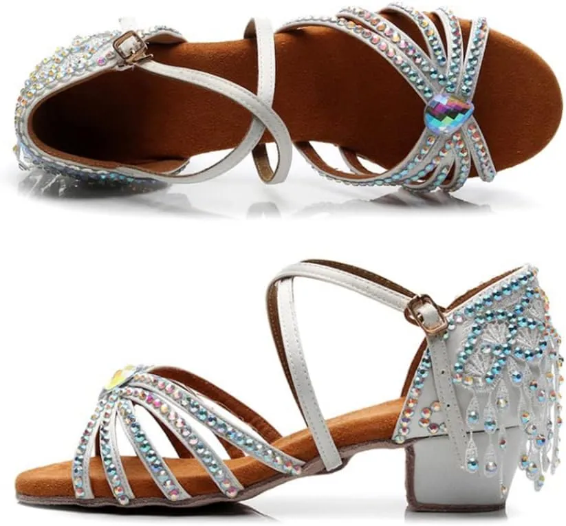 Girls Rhinestone Latin Dance Shoes Low Heel Ballroom Tango Party Performance Tassel Sandals
