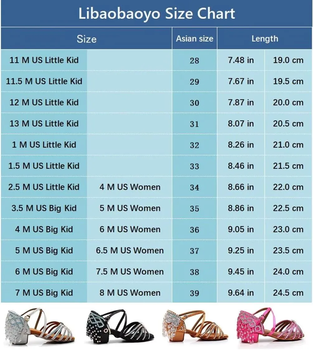Girls Rhinestone Latin Dance Shoes Low Heel Ballroom Tango Party Performance Tassel Sandals