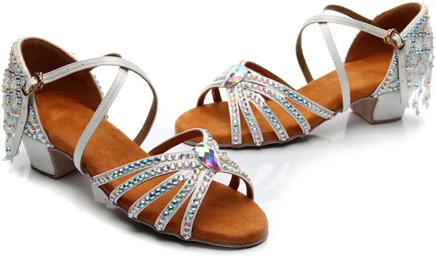 Girls Rhinestone Latin Dance Shoes Low Heel Ballroom Tango Party Performance Tassel Sandals
