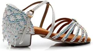 Girls Rhinestone Latin Dance Shoes Low Heel Ballroom Tango Party Performance Tassel Sandals
