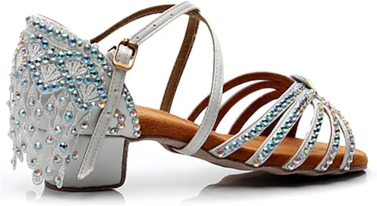 Girls Rhinestone Latin Dance Shoes Low Heel Ballroom Tango Party Performance Tassel Sandals
