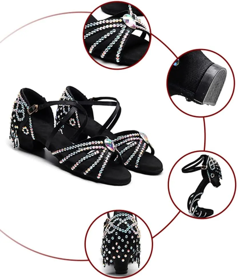 Girls Rhinestone Latin Dance Shoes Low Heel Ballroom Tango Party Performance Tassel Sandals