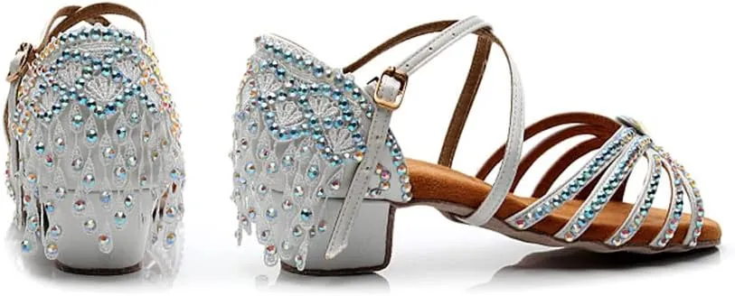 Girls Rhinestone Latin Dance Shoes Low Heel Ballroom Tango Party Performance Tassel Sandals