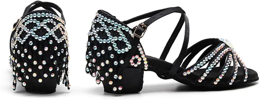 Girls Rhinestone Latin Dance Shoes Low Heel Ballroom Tango Party Performance Tassel Sandals