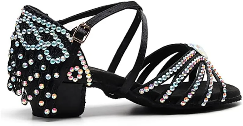 Girls Rhinestone Latin Dance Shoes Low Heel Ballroom Tango Party Performance Tassel Sandals
