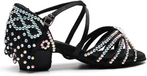 Girls Rhinestone Latin Dance Shoes Low Heel Ballroom Tango Party Performance Tassel Sandals