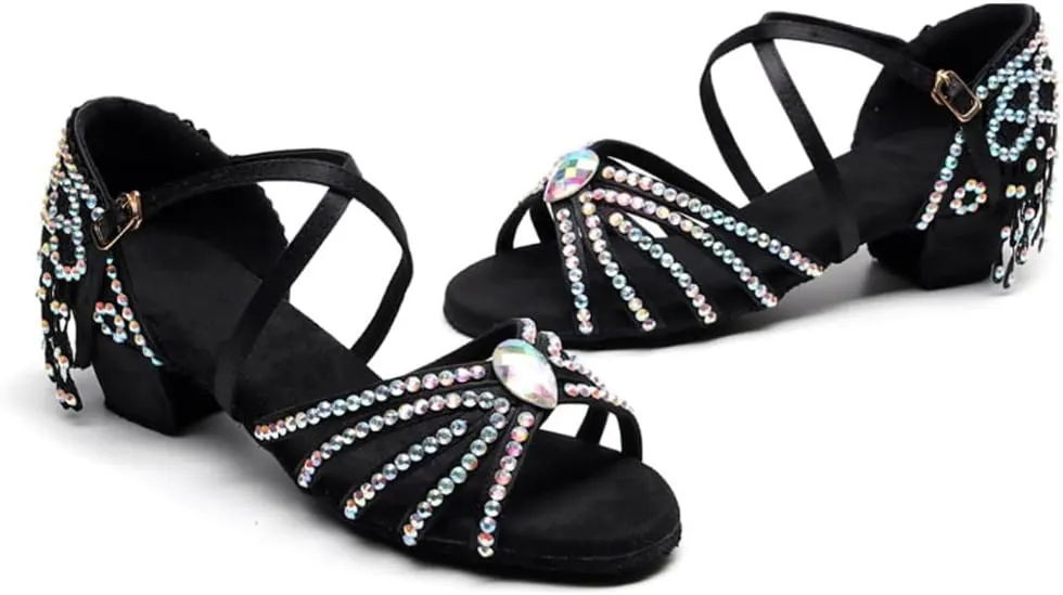 Girls Rhinestone Latin Dance Shoes Low Heel Ballroom Tango Party Performance Tassel Sandals