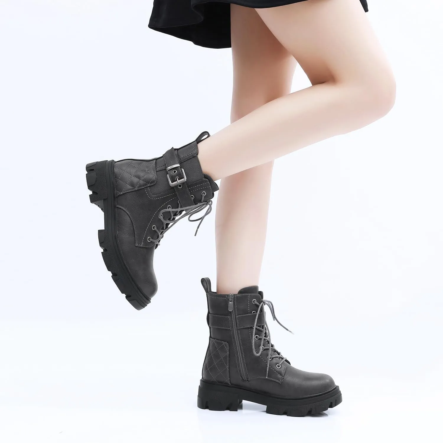 GLOBALWIN Women's Combat Boots Lace Up Ankle Booties Comfortable Lug Sole Boots For Women Chunky Low Heel
