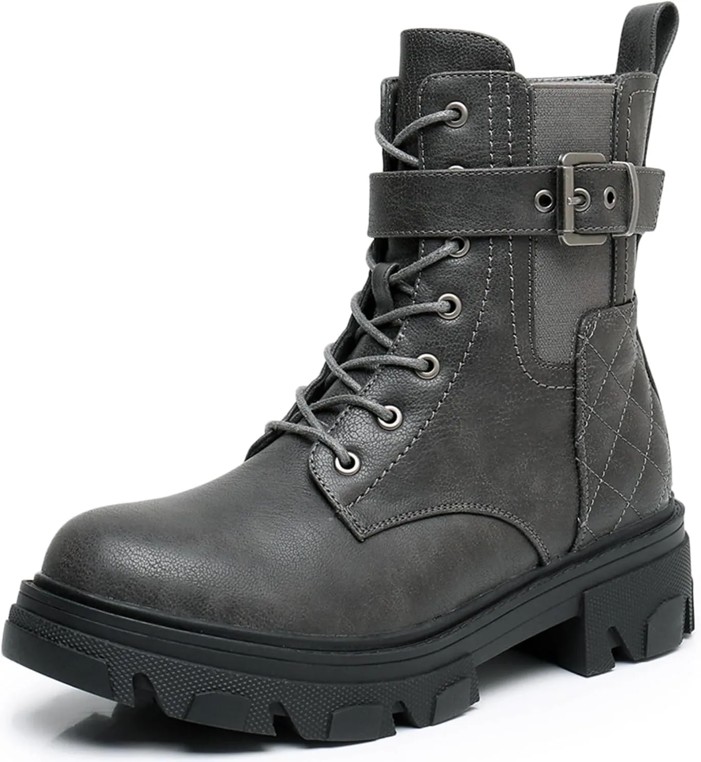GLOBALWIN Women's Combat Boots Lace Up Ankle Booties Comfortable Lug Sole Boots For Women Chunky Low Heel