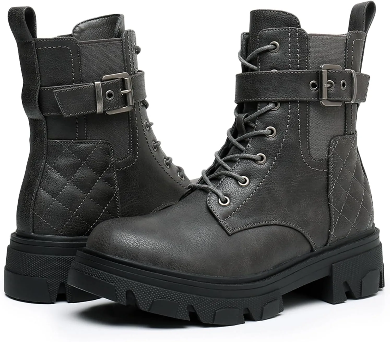 GLOBALWIN Women's Combat Boots Lace Up Ankle Booties Comfortable Lug Sole Boots For Women Chunky Low Heel