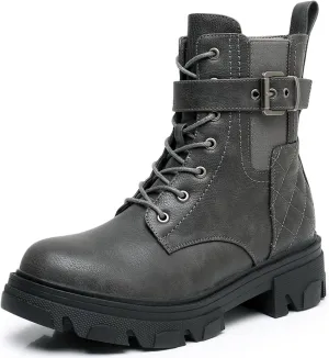 GLOBALWIN Women's Combat Boots Lace Up Ankle Booties Comfortable Lug Sole Boots For Women Chunky Low Heel