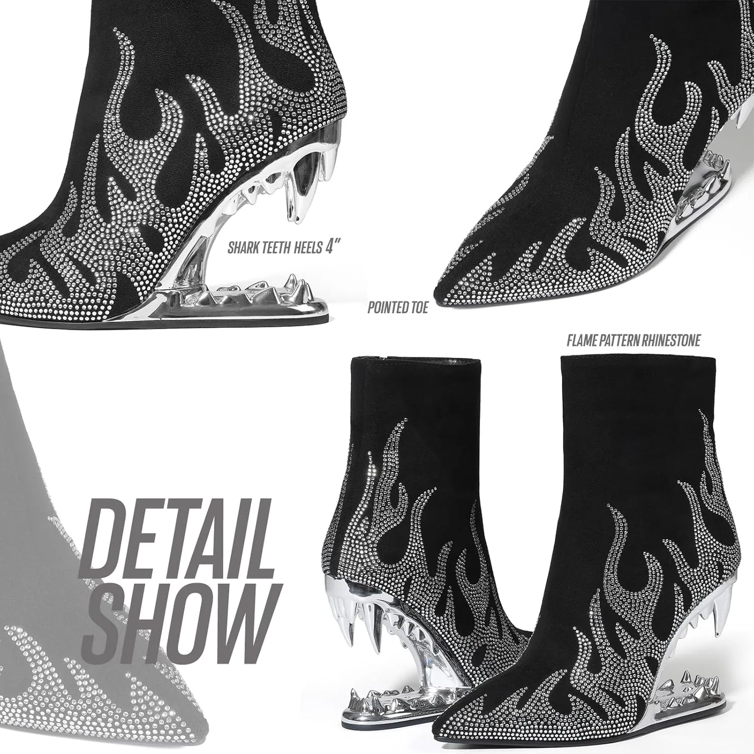 Goiphrri Ankle Boots for Women Flame Rhinestone Booties Shark Teeth Fall Boots Sparkling Black Heeled Booties for Women Fashion Party Halloween