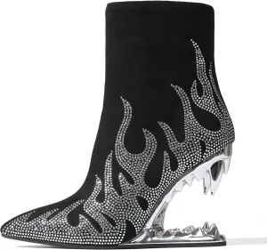 Goiphrri Ankle Boots for Women Flame Rhinestone Booties Shark Teeth Fall Boots Sparkling Black Heeled Booties for Women Fashion Party Halloween