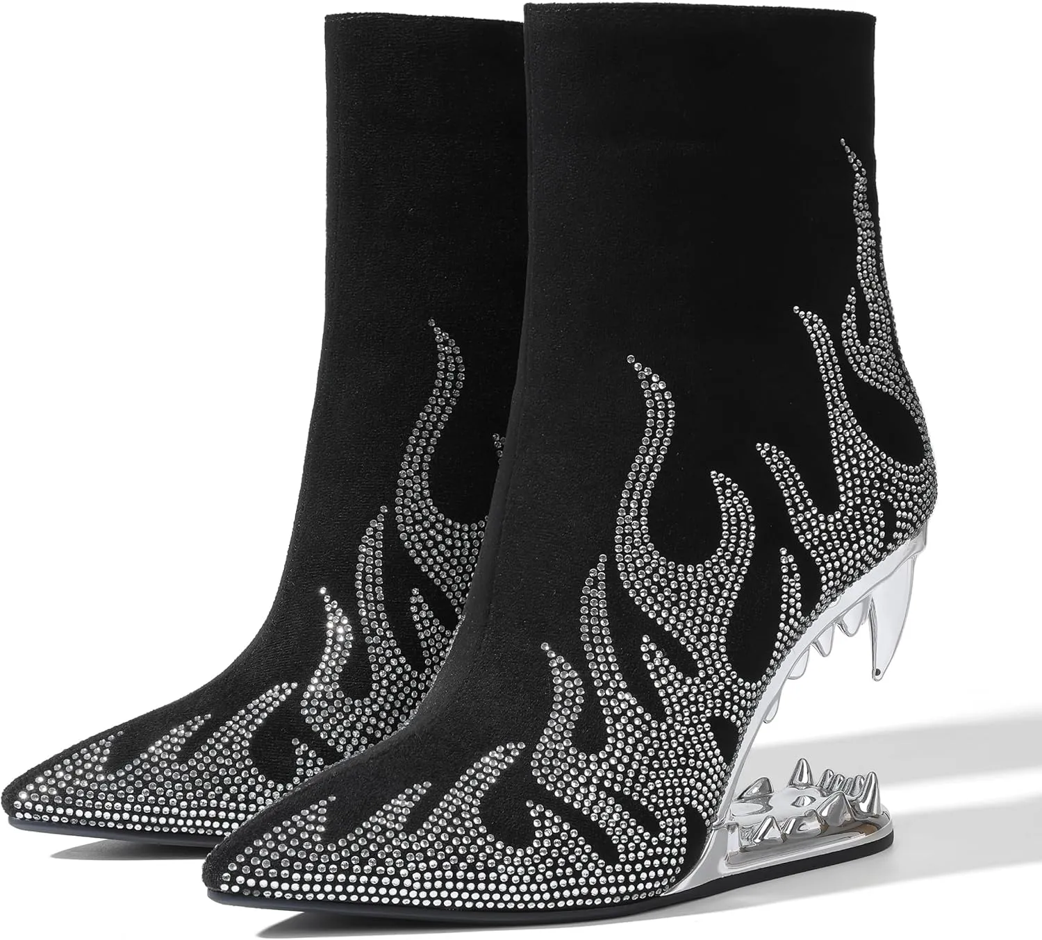 Goiphrri Ankle Boots for Women Flame Rhinestone Booties Shark Teeth Fall Boots Sparkling Black Heeled Booties for Women Fashion Party Halloween