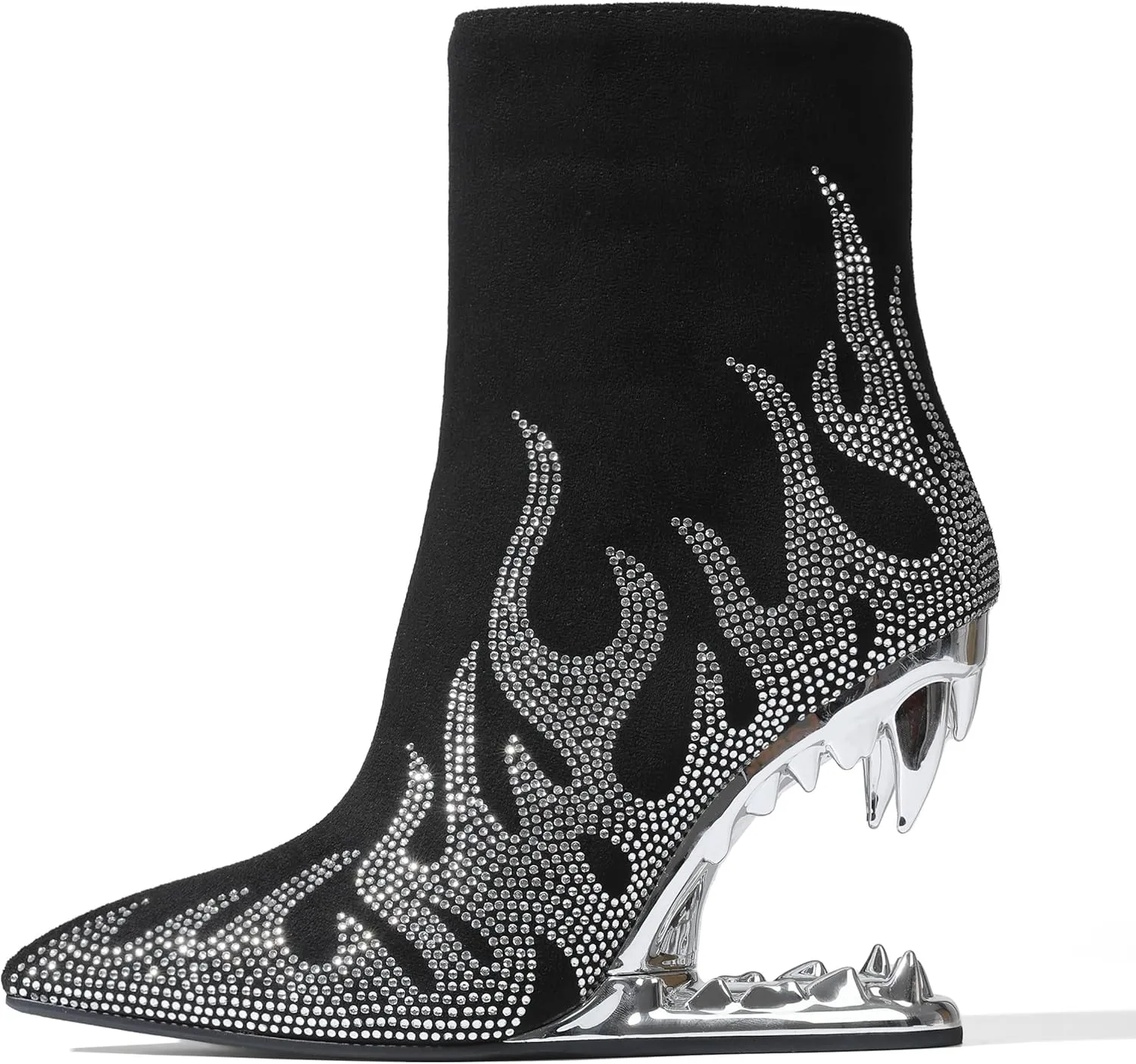 Goiphrri Ankle Boots for Women Flame Rhinestone Booties Shark Teeth Fall Boots Sparkling Black Heeled Booties for Women Fashion Party Halloween