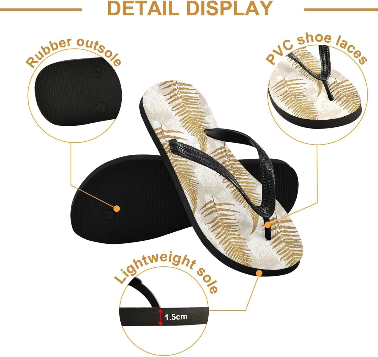Golden Fern Leaf Flip Flops Beach Shower Thong Sandals Rubber Non Slip Summer Slippers Shoes for Walking Women Men