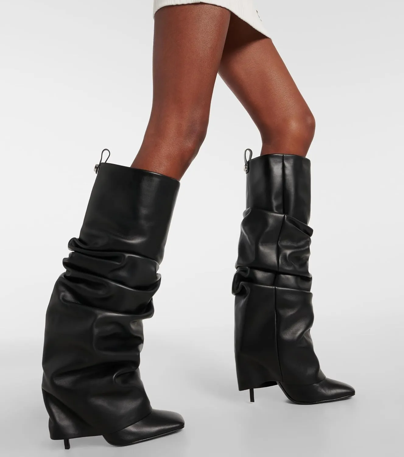 Goolita Fold Over Boots For Women, Square Toe Stiletto Heel Slouchy Knee High Boots Leather Comfortable Slip On Tall Boots