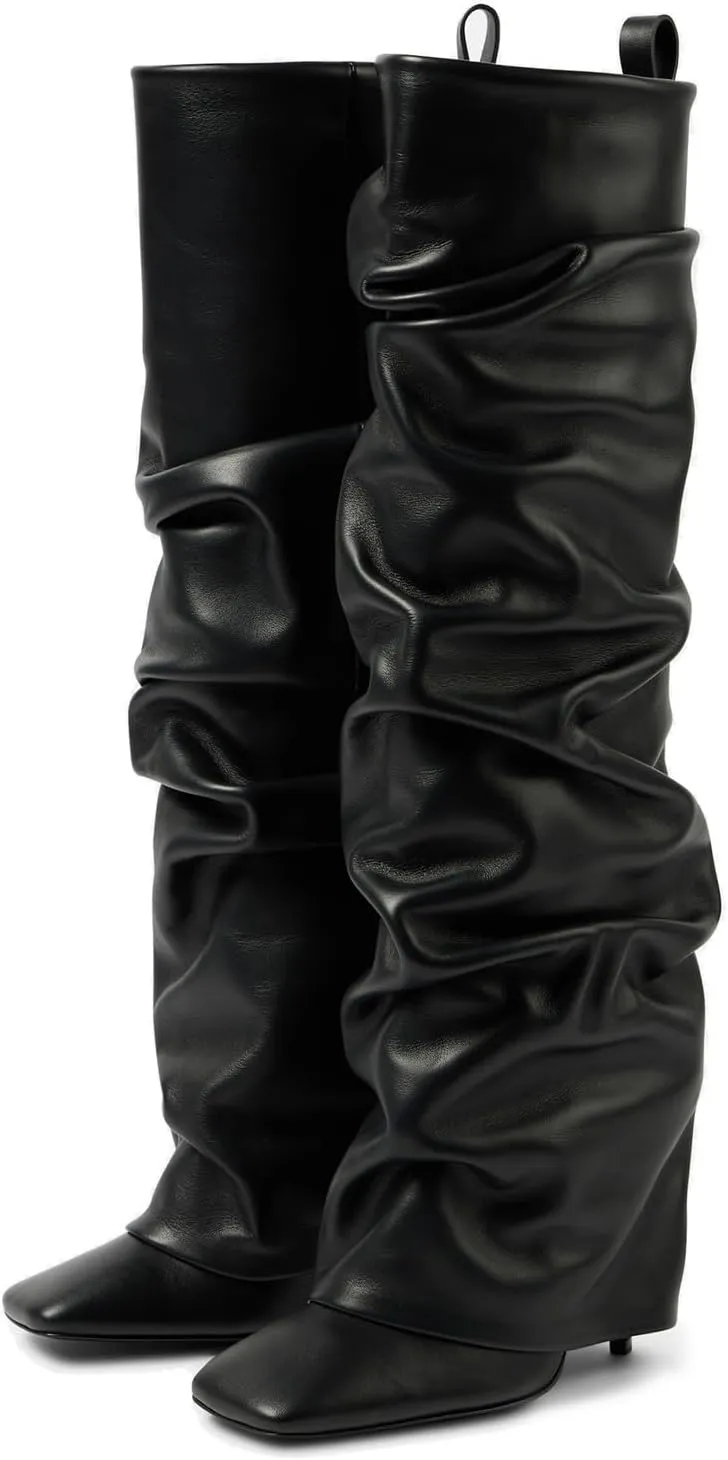 Goolita Fold Over Boots For Women, Square Toe Stiletto Heel Slouchy Knee High Boots Leather Comfortable Slip On Tall Boots
