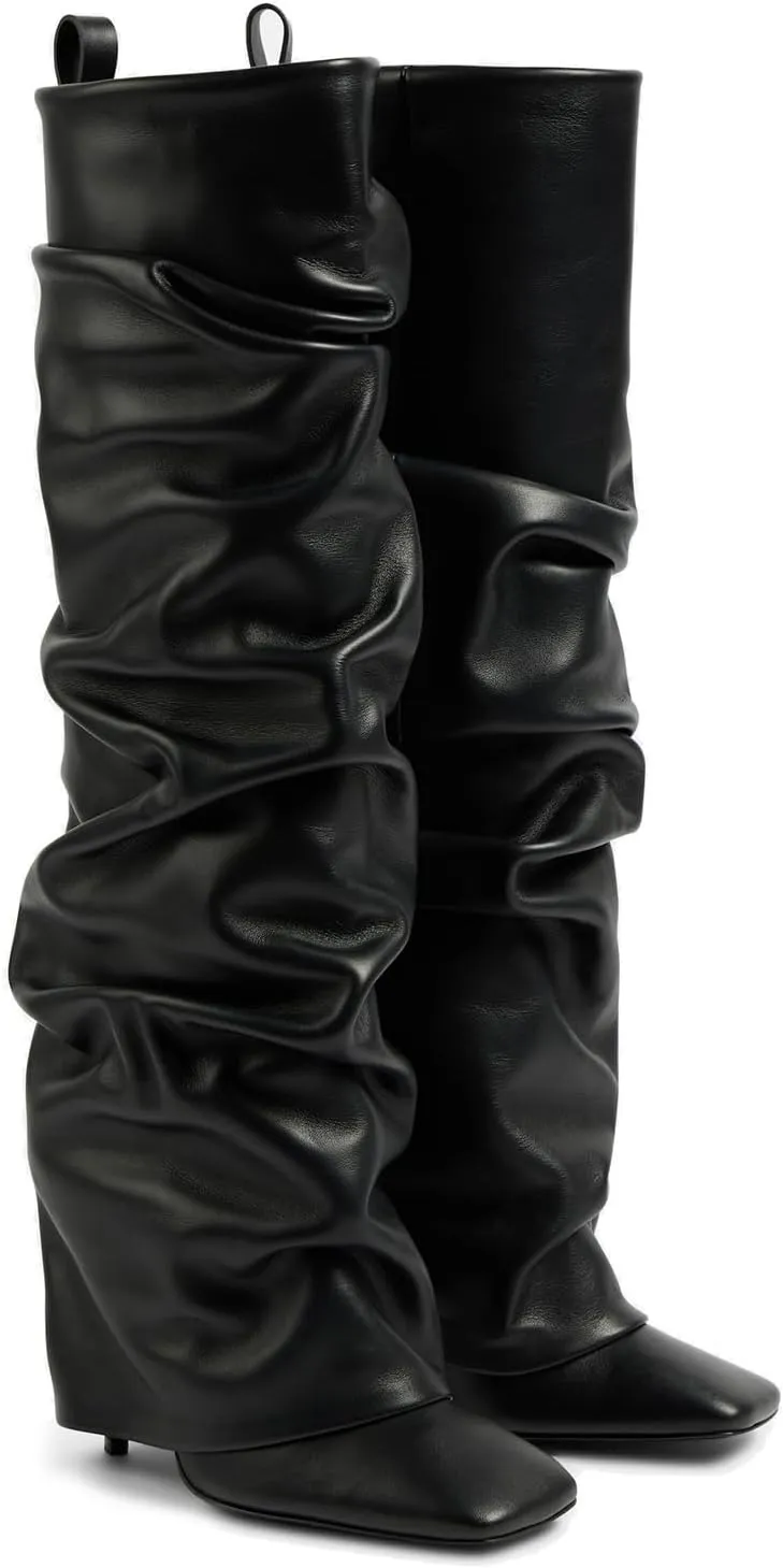 Goolita Fold Over Boots For Women, Square Toe Stiletto Heel Slouchy Knee High Boots Leather Comfortable Slip On Tall Boots