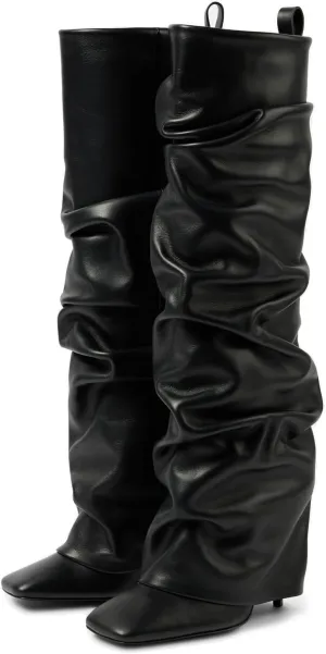 Goolita Fold Over Boots For Women, Square Toe Stiletto Heel Slouchy Knee High Boots Leather Comfortable Slip On Tall Boots