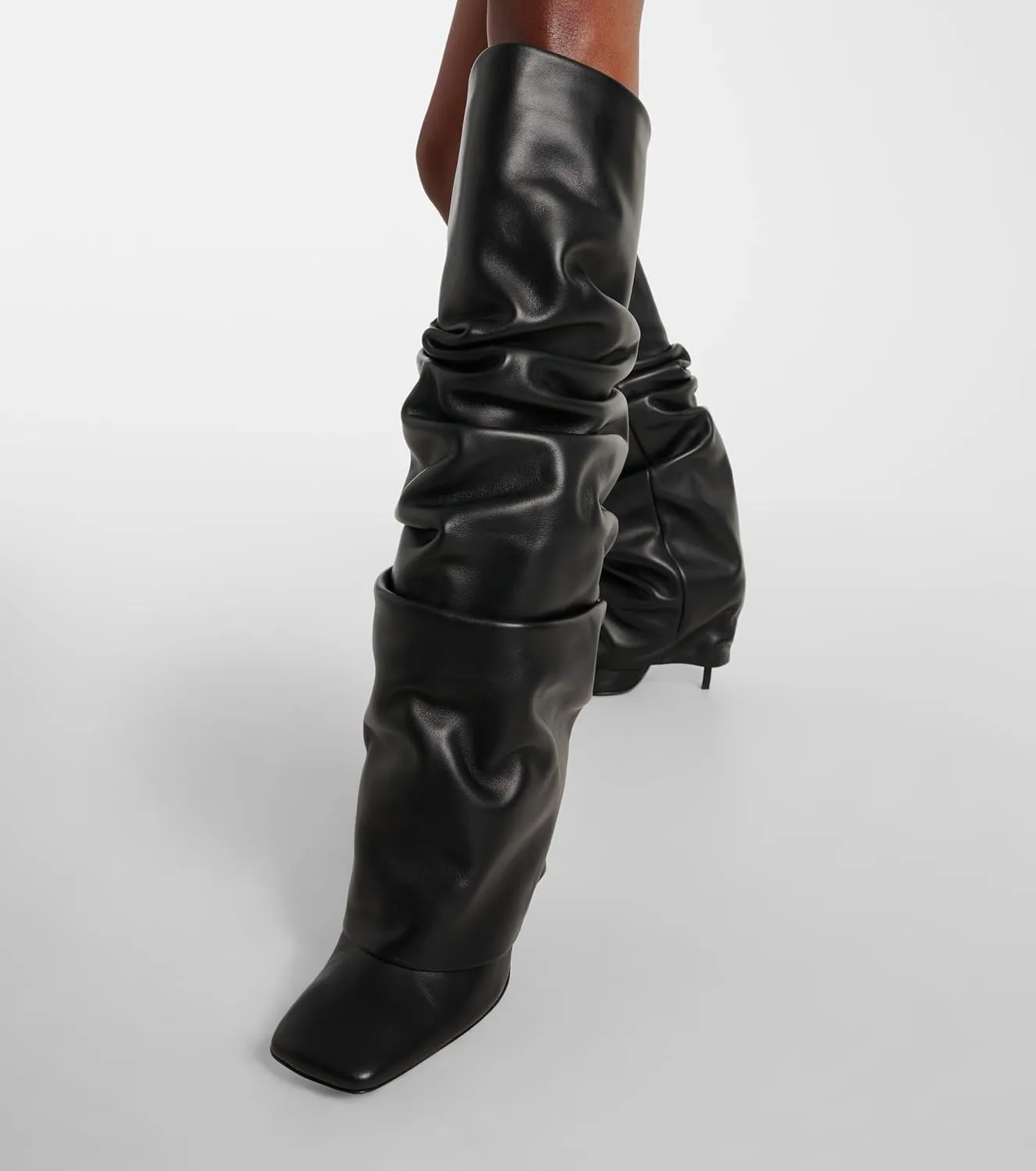 Goolita Fold Over Boots For Women, Square Toe Stiletto Heel Slouchy Knee High Boots Leather Comfortable Slip On Tall Boots