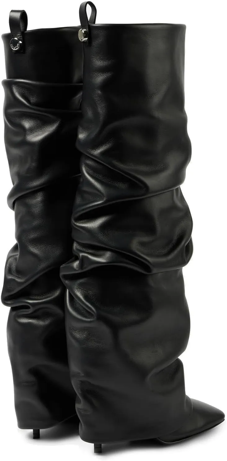 Goolita Fold Over Boots For Women, Square Toe Stiletto Heel Slouchy Knee High Boots Leather Comfortable Slip On Tall Boots