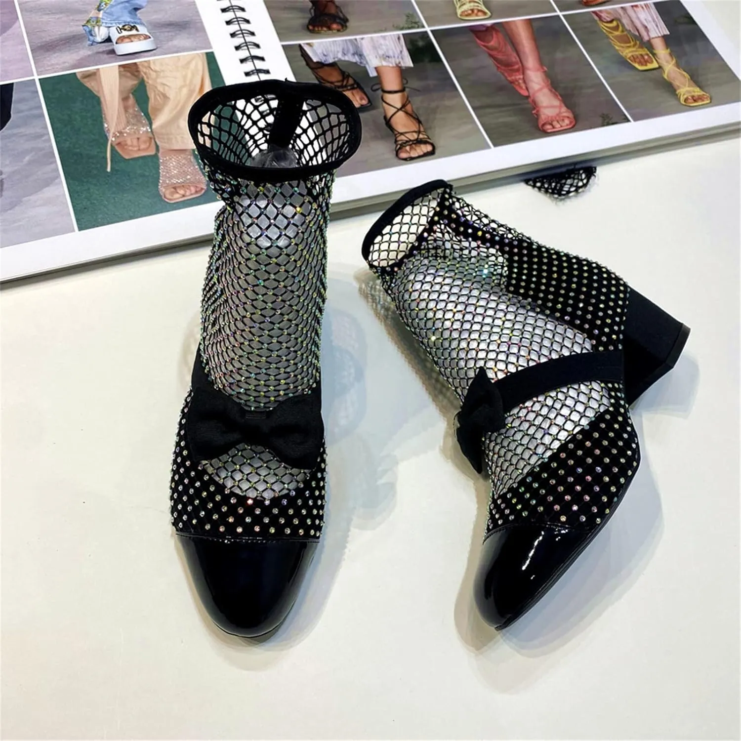 Goolita Rhinestone Bow Slip On Mesh Boots Patent Leather Round Cloesd Toe Summer Booties Sexy Block Heel Sandals Boots