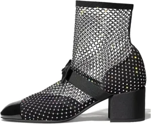 Goolita Rhinestone Bow Slip On Mesh Boots Patent Leather Round Cloesd Toe Summer Booties Sexy Block Heel Sandals Boots