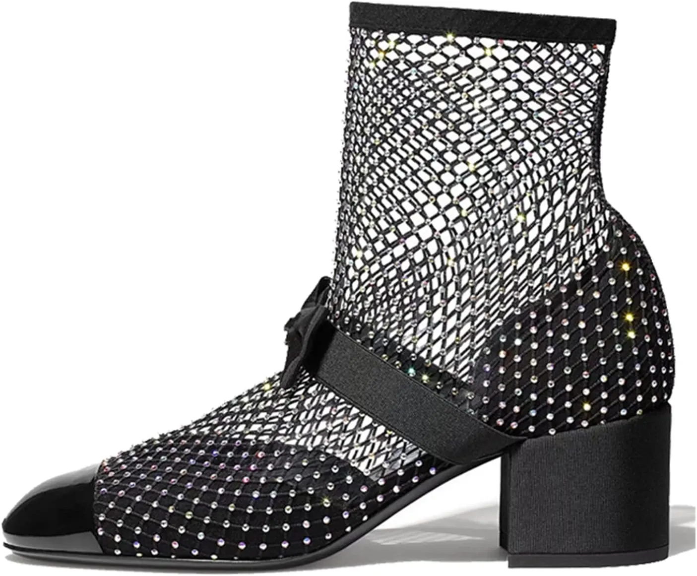 Goolita Rhinestone Bow Slip On Mesh Boots Patent Leather Round Cloesd Toe Summer Booties Sexy Block Heel Sandals Boots
