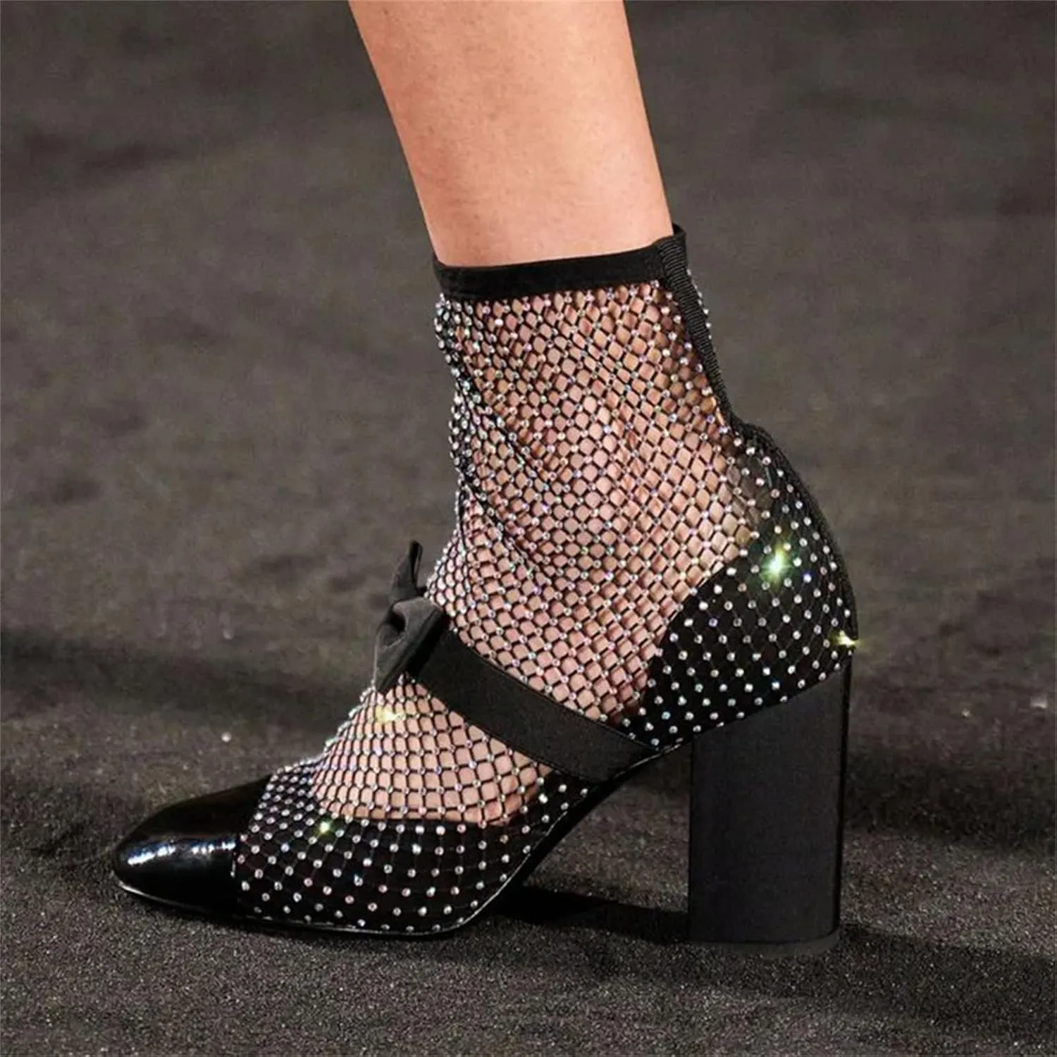 Goolita Rhinestone Bow Slip On Mesh Boots Patent Leather Round Cloesd Toe Summer Booties Sexy Block Heel Sandals Boots