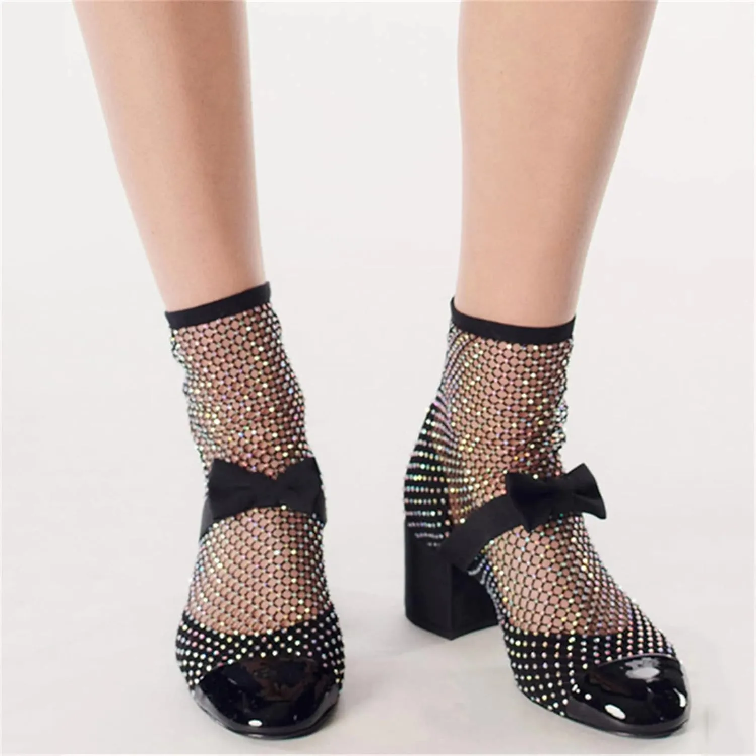 Goolita Rhinestone Bow Slip On Mesh Boots Patent Leather Round Cloesd Toe Summer Booties Sexy Block Heel Sandals Boots
