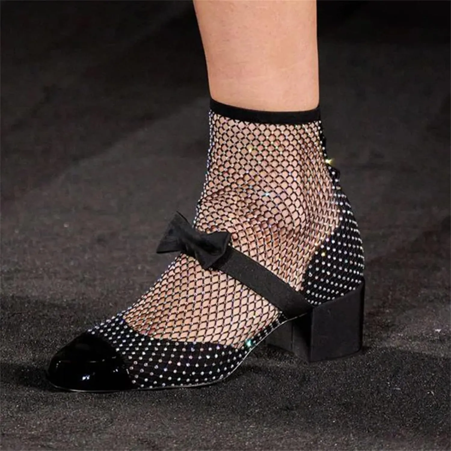 Goolita Rhinestone Bow Slip On Mesh Boots Patent Leather Round Cloesd Toe Summer Booties Sexy Block Heel Sandals Boots