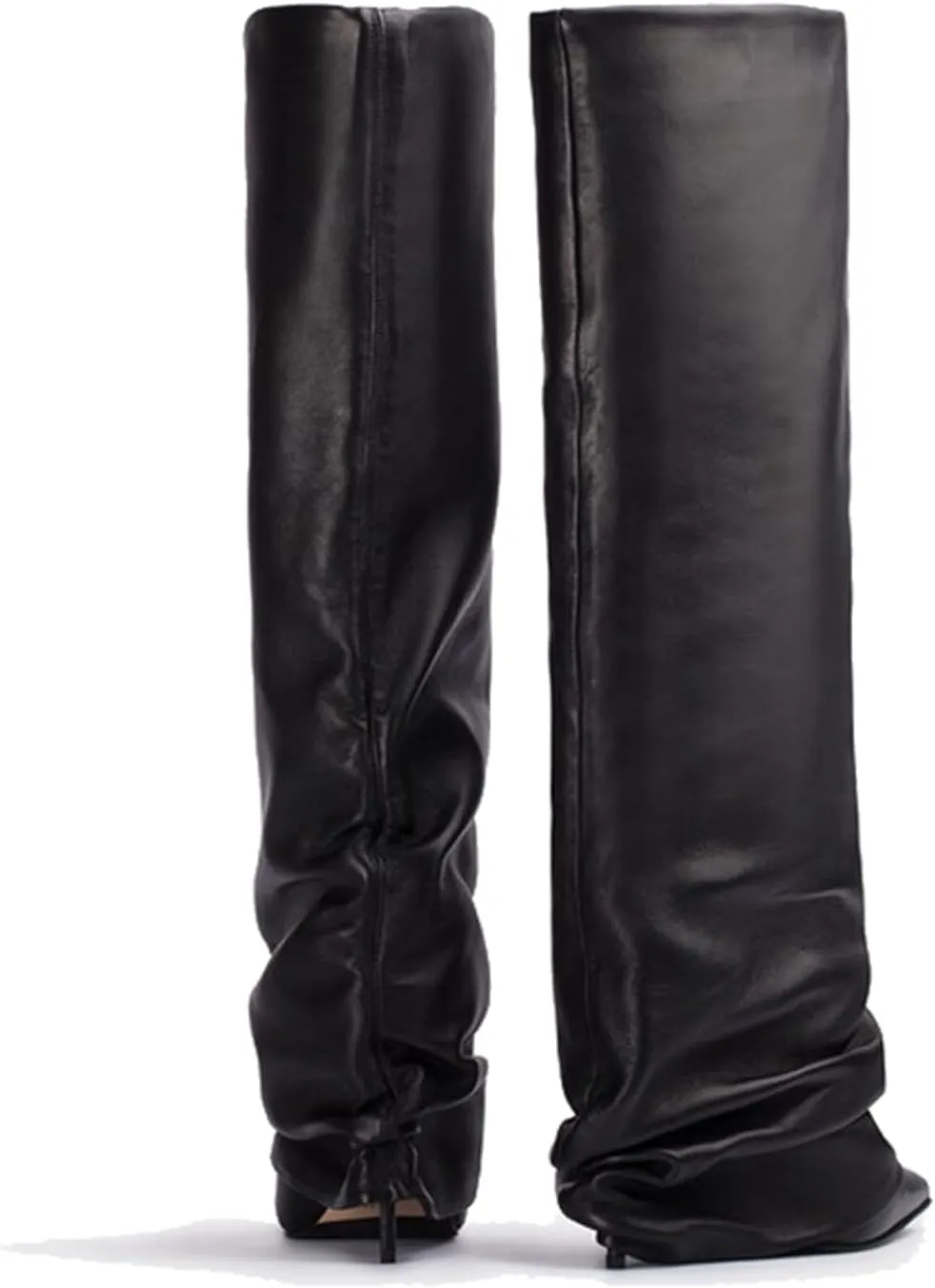 Goolita Women's Stiletto Heel Knee High Boots Pointed Toe Slip On Fold Over Boots For Women Sewing Leather Comfy Dress Boots