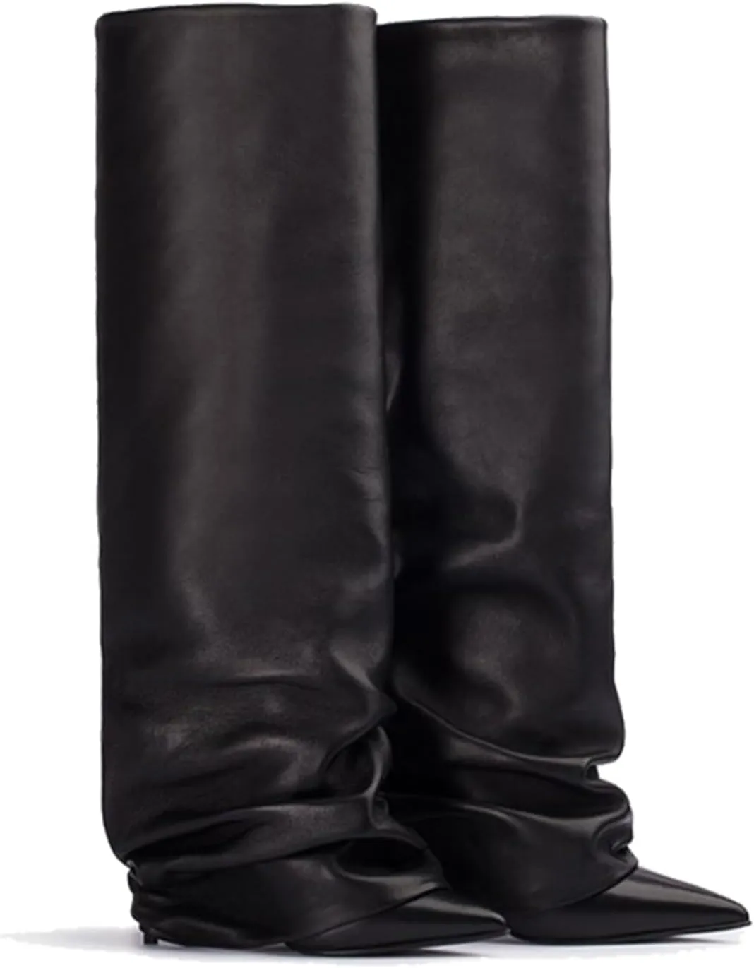 Goolita Women's Stiletto Heel Knee High Boots Pointed Toe Slip On Fold Over Boots For Women Sewing Leather Comfy Dress Boots