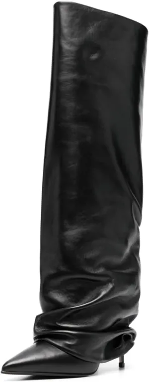 Goolita Women's Stiletto Heel Knee High Boots Pointed Toe Slip On Fold Over Boots For Women Sewing Leather Comfy Dress Boots
